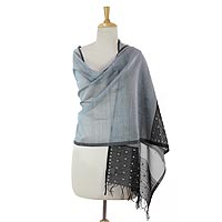 Cotton and silk blend shawl Midnight Blossom India