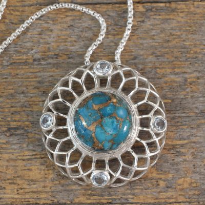 Blue topaz pendant necklace, Blue Web