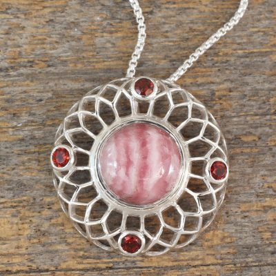 Rhodochrosite and garnet pendant necklace, Pink Web