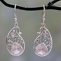 Rose quartz and rainbow moonstone dangle earrings, 'Festive Paisley' - Paisley Shaped Silver Earrings with Rose Quartz Gems