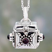 Garnet prayer box pendant necklace, 'Royal Prayer' - Artisan Crafted Prayer Box Necklace in Silver with Garnet
