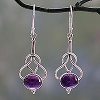 Amethyst dangle earrings, 'Wisdom Path' - Dangle Earrings with Amethyst Cabochons in Sterling Silver