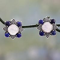 Lapis and rainbow moonstone button earrings,