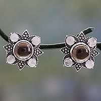Smoky quartz and rainbow moonstone button earrings,