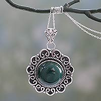 Malachite pendant necklace, 'Forest Reverie' - Natural Malachite Pendant Necklace in 925 Sterling SIlver