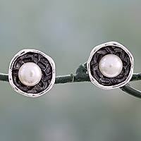 Cultured pearl button earrings,