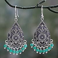 Green onyx dangle earrings, 'Glistening Fern' - Green Onyx and Sterling Silver Dangle Earrings from India