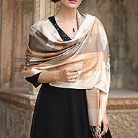 Viscose shawl, 'Earthy Story' - Indian Viscose Shawl with Geometric Pattern
