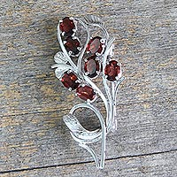 Garnet brooch pin, 'Crimson Bouquet' - Sterling Silver Brooch Pin with Garnets Handcrafted in India