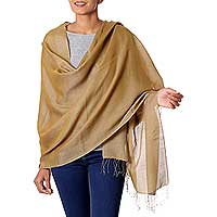 Reversible silk and wool shawl, 'Olive Honeycomb' - Taupe and Mustard Reversible Silk and Wool Shawl from India