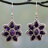 Amethyst dangle earrings, 'Ruffled Petals' - Silver Earrings with Amethyst and Composite Turquoise