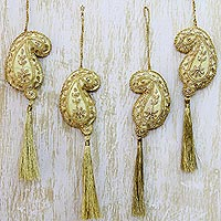 Beaded ornaments, 'Paisley Holiday' - Hand Beaded Gold Paisley Christmas Ornaments (Set of 4)