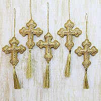 Beaded ornaments Golden Cross set of 4 India