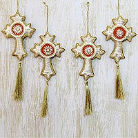 Beaded ornaments Silver Floral Cross set of 4 India