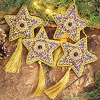 Beaded ornaments Purple Star set of 4 India
