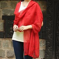 Cotton and silk shawl Crimson Ferns India