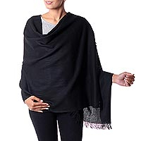 Wool shawl, 'Dark Fantasy' - Fair Trade Solid Black 100% Wool Shawl from India
