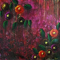 'Rose Bush' - Signed Modern Indian Artwork Painting of Flowers