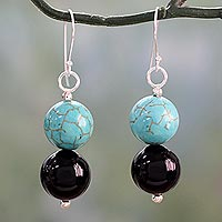 Onyx dangle earrings, 'Azure at Midnight' - Onyx Earrings with Reconstituted Turquoise Crafted in India