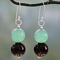 Smoky quartz dangle earrings, 'Mint in the Mist' - Smoky Quartz and Green Quartz Silver Hook Dangle Earrings