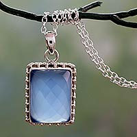 Sterling silver pendant necklace, 'Good Will Spirit' - Sterling Silver Necklace from India with Blue Chalcedony Gem