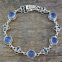 Blue topaz and chalcedony link bracelet, 'Serene Azure' - Blue Topaz Bracelet with Blue Chalcedony and Sterling Silver
