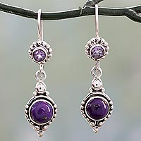 Amethyst dangle earrings, 'Violet Reverie' - Amethyst and Composite Turquoise Sterling Silver Earrings