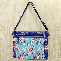 Cotton blend shoulder bag Blue Rose Bower India