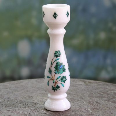 Marble inlay tealight candleholder, Aqua Roses