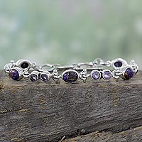 Amethyst link bracelet, 'Purple Song' - Handmade Amethyst and Reconstituted Turquoise Link Bracelet