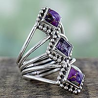 Amethyst cocktail ring, 'Purple Allure' - Amethyst and Reconstituted Turquoise Handmade Cocktail Ring