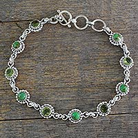Peridot link bracelet, 'Petite Flowers' - Sterling Silver Peridot and Composite Turquoise Bracelet