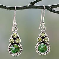 Peridot dangle earrings, 'Petite Flowers' - Sterling Silver Peridot Earrings with Composite Turquoise