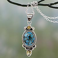 Citrine pendant necklace, 'Resplendent in Blue' - Silver Pendant Necklace with Citrine and Composite Turquoise