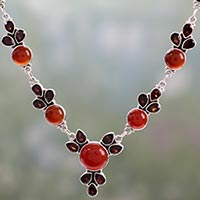 Garnet and carnelian pendant necklace, 'Rosy Blossom' - Hand Crafted Carnelian and Garnet Sterling Silver Necklace