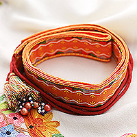 Embroidered cotton belt, 'Tangerine Tassels' - Rayon Embroidered Orange and Red Cotton Belt with Tassels
