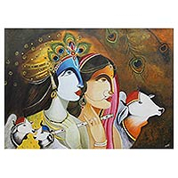 'Music of Life' - Original Indian Acrylic Portrait of Lord Krishna and Radha