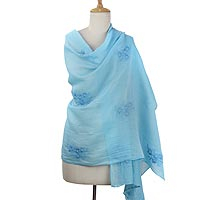 Cotton and silk blend shawl Blue Floral Passion India