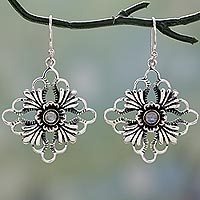 Rainbow moonstone dangle earrings, 'Fan Flowers' - Floral Silver Earrings with Rainbow Moonstone Gems