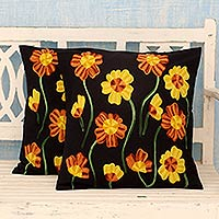 Cotton cushion covers Midnight Marigolds pair India