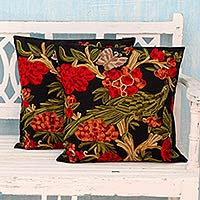 Cotton cushion covers, 'Midnight in the Garden' (pair) - Chainstitch Embroidery Black Cotton Cushion Covers (Pair)