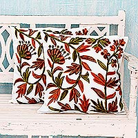 Cotton cushion covers, 'Bronze Blossoms' (pair) - Aari Embroidery Ivory Cotton Cushion Covers (Pair)