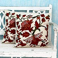 Cotton cushion covers, 'Marsala Garden' (pair) - Two Ivory Cotton Cushion Covers with Chainstitch Embroidery