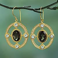 Gold plated quartz and topaz dangle earrings,