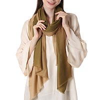 Woven wool shawl, 'Delightful Sophistication' - 100% Wool Lightweight Shawl in Olive Green and Beige
