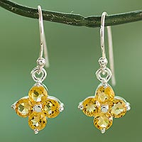 Citrine dangle earrings, 'Petite Petals' - Sterling Silver Handcrafted Flower Earrings with Citrine