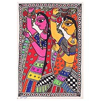 Madhubani painting, 'Maidens Carrying Water' - Indian Madhubani Painting of Radhika Girls on Handmade Paper