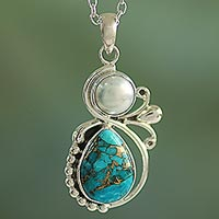 Cultured pearl pendant necklace, 'Joyous Blue Sky' - Cultured Pearl and Composite Turquoise Silver 925 Necklace