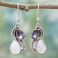 Amethyst and rainbow moonstone dangle earrings, 'Two Teardrops' - Silver and Rainbow Moonstone Earrings with Faceted Amethyst