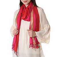 Silk shawl, 'Sweet Luxury' - Hand Woven Pink and Red  Striped 100% Silk Shawl from India